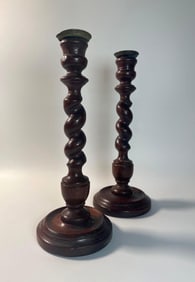 PAIR OF ANTIQUE MAHOGANY BARLEY TWIST CANDLESTICKS  | CIRCA 1880