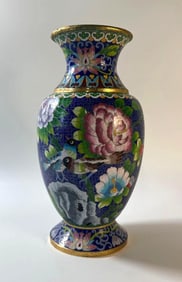 VINTAGE BRASS CLOISONNE VASE WITH FLORAL & BIRD MOTIFS