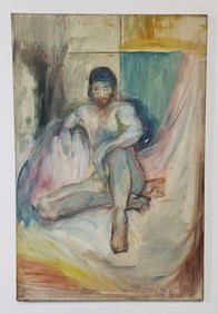 W.D. MONOGRAMMED OIL ON CANVAS IMPRESSIONIST SEATED MALE NUDE