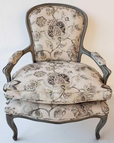 LOUIS XV STYLE PAINT DECORATED UPHOLSTERED FAUTEUIL CHAIR