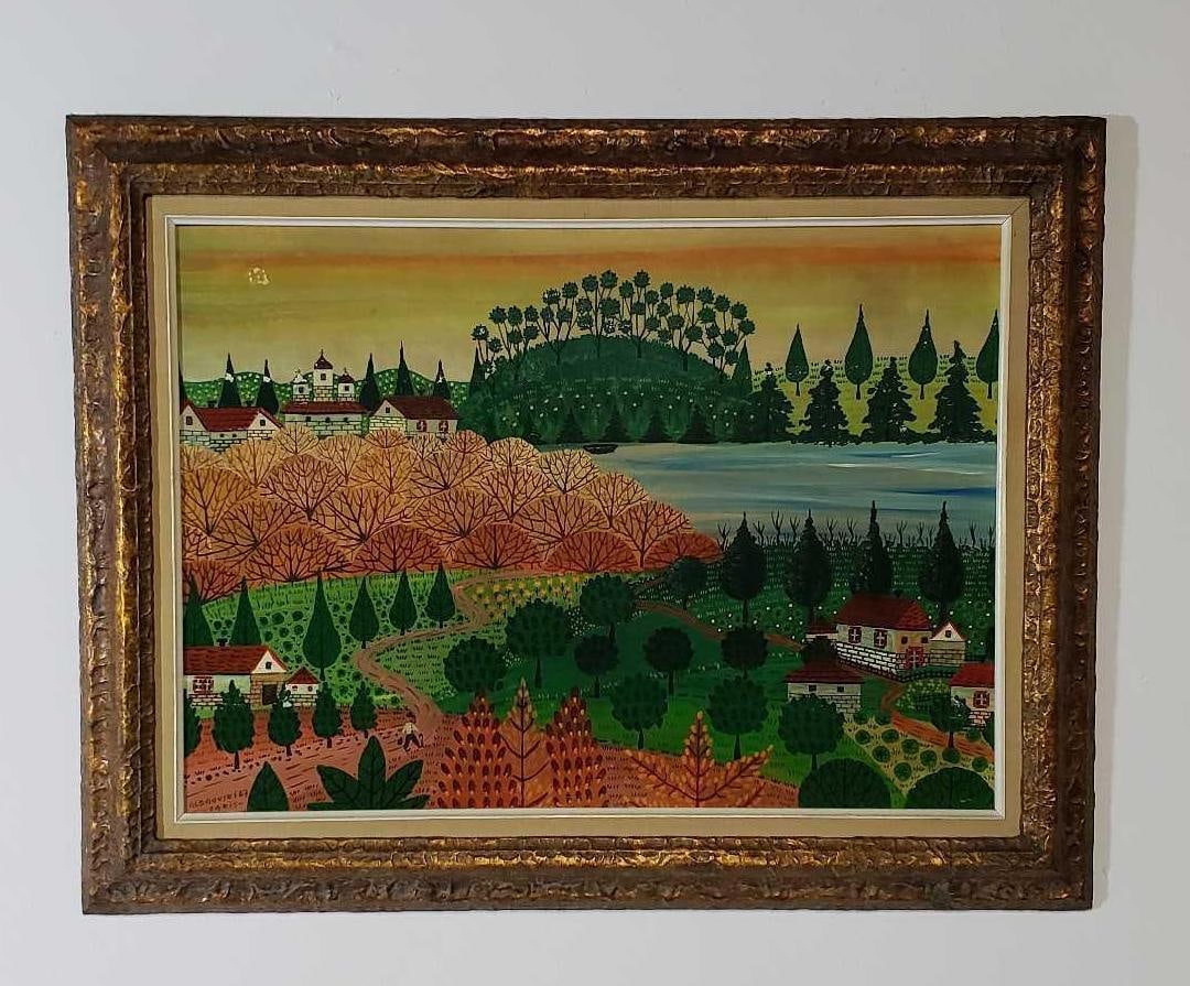 VINTAGE GLOGOVSKI SIGNED FOLK ART OIL ON BOARD ENTITLED "SPRINGTIME" (1 of 9)