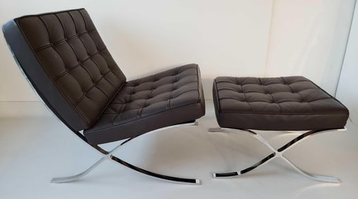 MIES VAN DER ROHE STYLE EXHIBITION CHAIR AND OTTOMAN