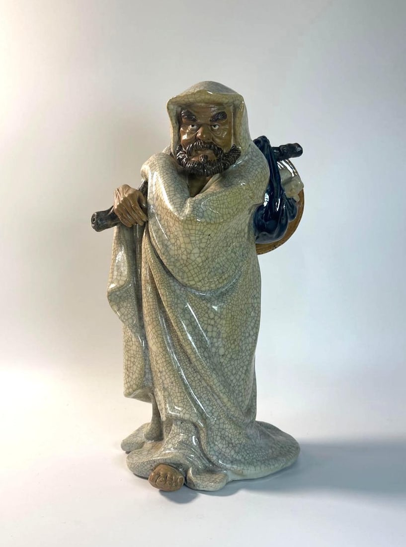 LARGE JAPANESE CRACKLE GLAZE CERAMIC LIKELY BODHIDARMA FIGURE | STATUE (1 of 10)