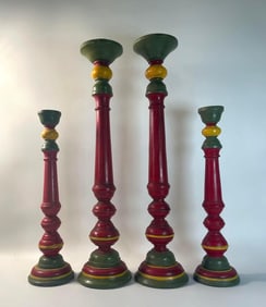 VALUE LOT: TWO PAIR OF PAINT DECORATED TURNED WOOD CANDLESTICKS
