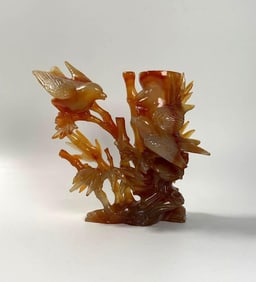 CHINESE AMBER-COLORED STONE CARVING OF BIRDS