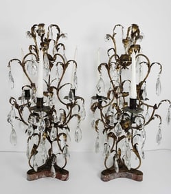 PAIR OF GILT METAL AND CRYSTAL CANDELABRA ON MARBLE BASES