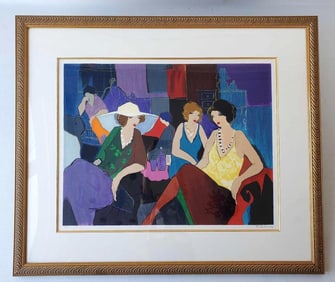 LARGE ITZCHAK TARKAY HAND EMBELLISHED SERIGRAPH "THREE WOMEN AT A BISTRO" SIGNED AND NUMBERED