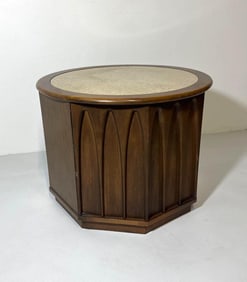 BRAZILIA STYLE WALNUT CIRCULAR SIDE TABLE WITH TRAVERTINE TOP
