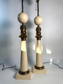 PAIR OF NEOCLASSICAL WOOD AND BRASS FIGURAL HOLLYWOOD REGENCY TABLE LAMPS