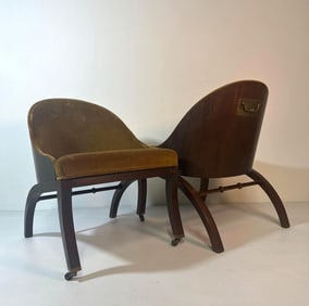 UNIQUE PAIR OF MCM CHAIRS WITH OLIVE VELVET SEATS AND BRASS PULLS