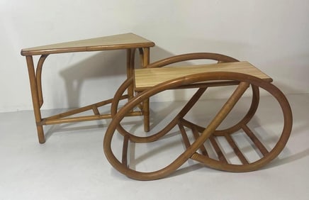 PAIR OF RATTAN SIDE TABLES | TRIANGLE & PRETZEL DESIGN
