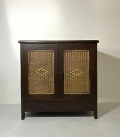 WOVEN WICKER & WOOD CONSOLE CABINET
