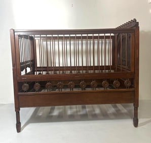 VICTORIAN CRIB WITH EMBOSSED LEATHER HEADBOARD WITH BIRD MOTIF