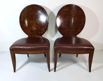 PAIR FINELY CRAFTED ART DECO STYLE BURL WOOD VENEER OVAL BACK UPHOLSTERED SIDE CHAIRS (set 1 of 2)