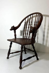 ANTIQUE 19TH C CARVED WOLF FOX HEAD WINDSOR ARMCHAIR