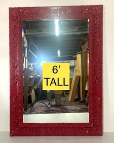 SIX FEET TALL OVERSIZED MONUMENTAL HEAVILY CARVED RED MIRROR