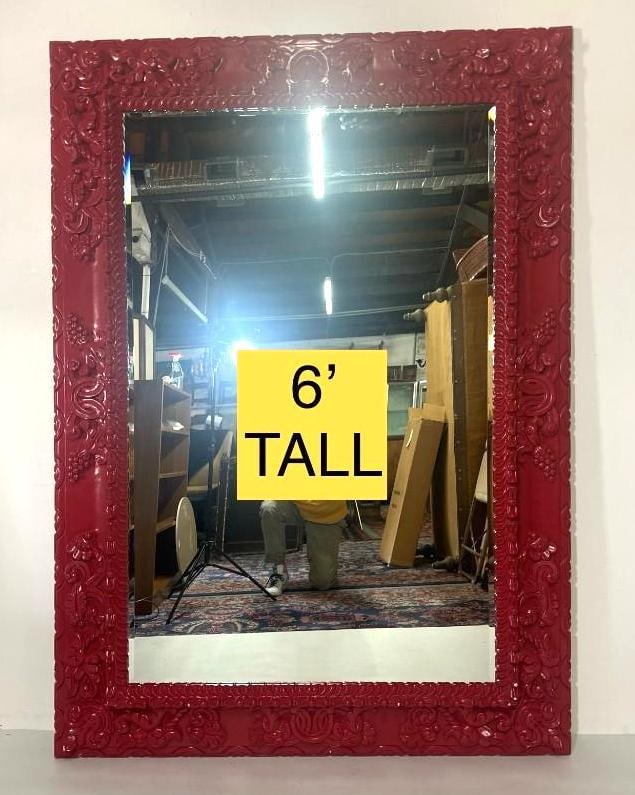 SIX FEET TALL OVERSIZED MONUMENTAL HEAVILY CARVED RED MIRROR (1 of 9)
