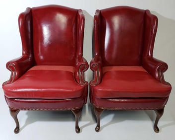 PAIR OF VINTAGE HITCHCOCK RED VINYL WINGBACK CHAIRS WITH NAIL HEAD DETAIL
