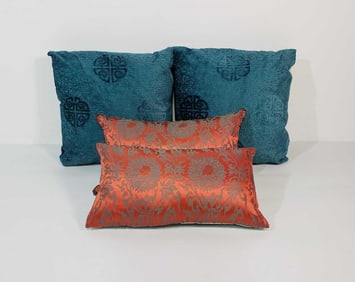 GROUP OF DESIGNER PILLOWS TEAL AND ORANGE