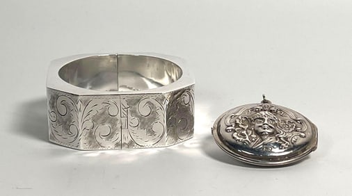 TWO ORNATE STERLING SILVER PIECES: ENGRAVED BANGLE & ART NOUVEAU PENDANT