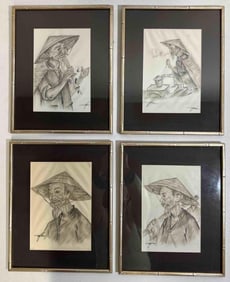 VALUE LOT SET 4 FOUR FRAMED VIETNAMESE AO DAI DRAWINGS