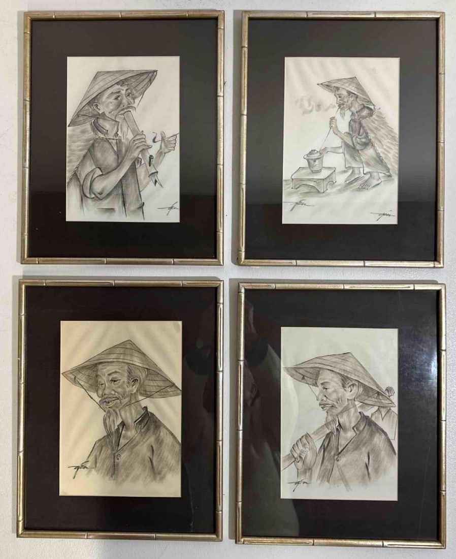 VALUE LOT SET 4 FOUR FRAMED VIETNAMESE AO DAI DRAWINGS (1 of 1)