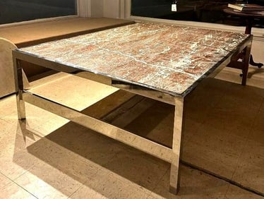 EXCEPTIONAL LARGE CHROME COCKTAIL TABLE ATTRIBUTED TO  PACE | OUTSTANDING ROUGE MARBLE TOP