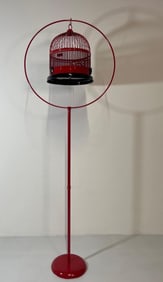 RESTORED VINTAGE RED HANGING BIRDCAGE WITH OWL ACCENTS AND HOOP STAND