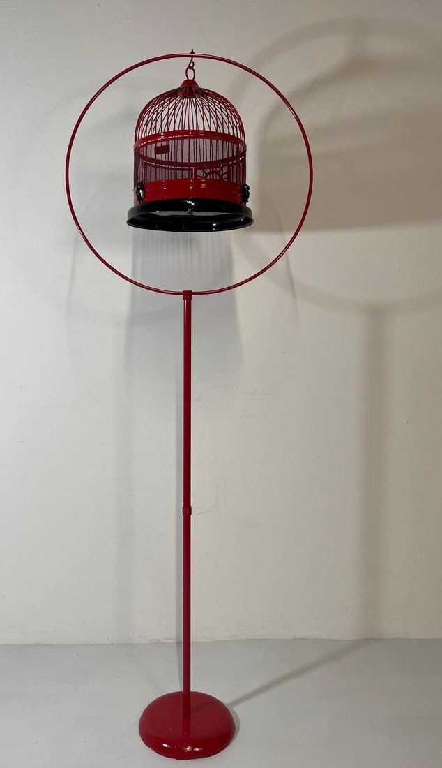 RESTORED VINTAGE RED HANGING BIRDCAGE WITH OWL ACCENTS AND HOOP STAND (1 of 10)