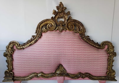 IMPRESSIVE HEAVILY CARVED ITALIAN ROCOC0 REVIVAL GILT AND UPHOLSTERED KING HEADBOARD
