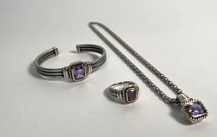 VINTAGE THREE PIECE SET OF 14K GOLD, STERLING SILVER AND AMETHYST JEWELRY AFTER DAVID YURMAN