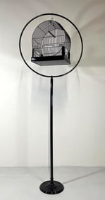 RESTORED VINTAGE BLACK HANGING BIRD CAGE WITH HOOP STAND