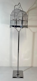 CHROME ART DECO STYLE HANGING BIRD CAGE WITH STAND