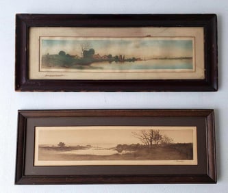 PAIR OF RADTKE & LAUCKNER ANTIQUE LANDSCAPE ETCHINGS, ONE HAND COLORED