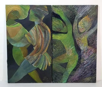 JP MONOGRAMMED VINTAGE OIL ON CANVAS ABSTRACT DIPTYCH "DANCERS"