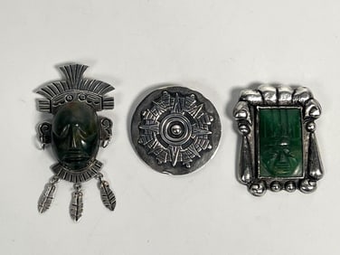 THREE AZTEC STYLE STERLING SILVER AND STONE JEWELRY PIECES