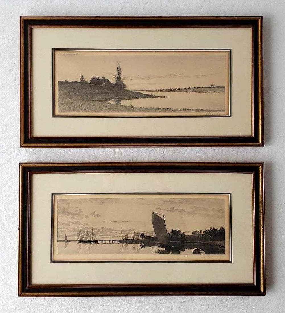 TWO PENCIL SIGNED ANTIQUE LANDSCAPE ETCHINGS NICELY FRAMED (1 of 12)