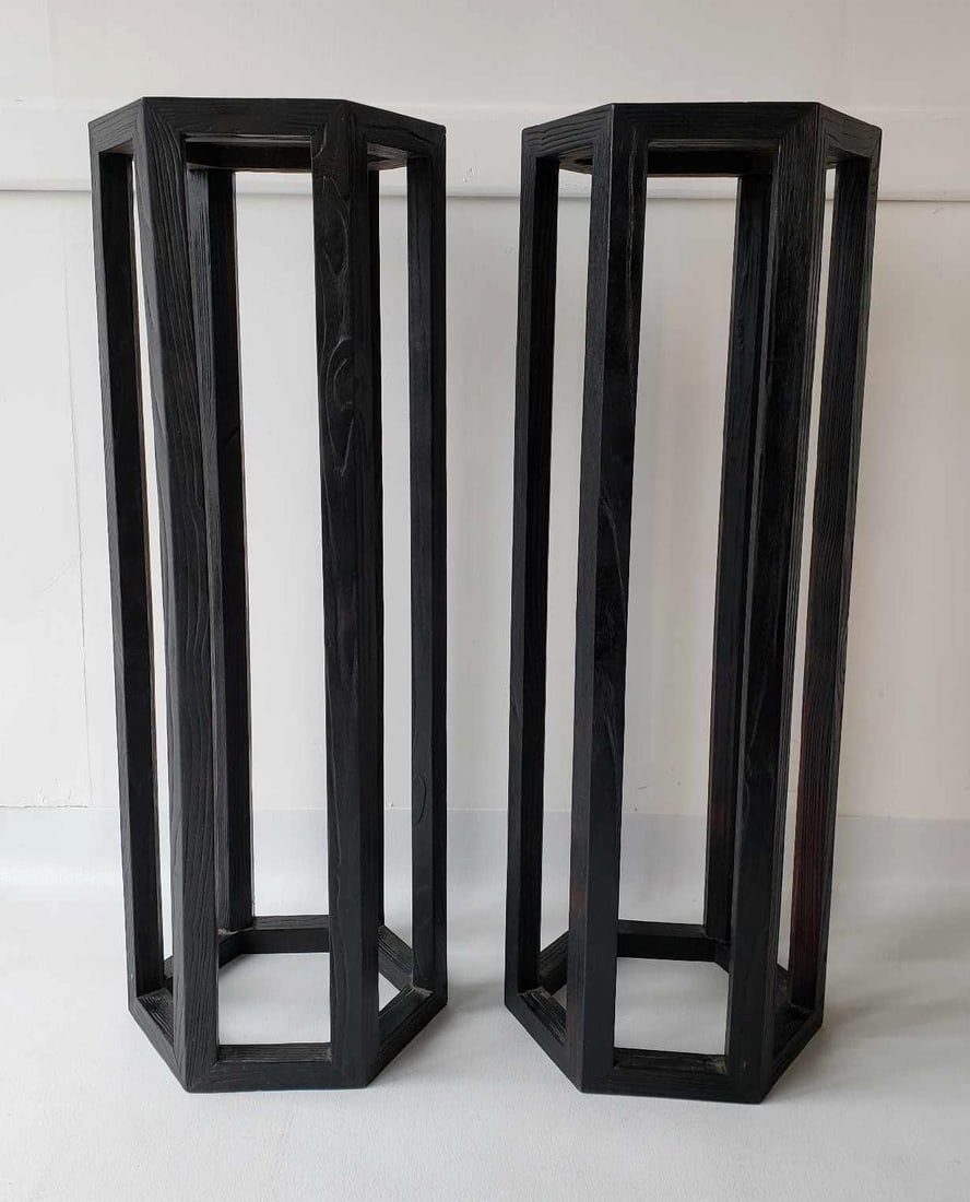 PAIR OF WOOD HEXAGONAL PEDESTALS | TABOURETS (1 of 9)