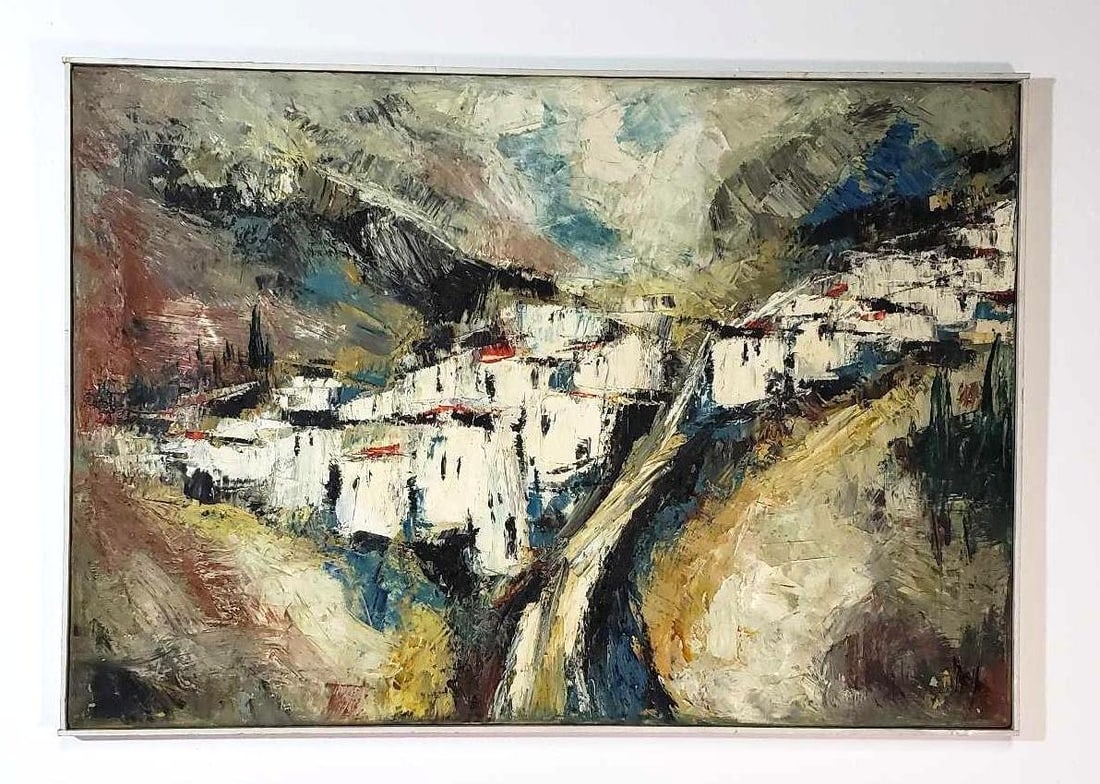 SIGNED MID-CENTURY IMPRESSIONIST TOWNSCAPE OIL ON CANVAS: This captivating signed mid-century impressionist townscape oil on canvas transports the viewer to a bustling urban scene rendered with expressive brushwork and a vibrant palette. The painting depicts