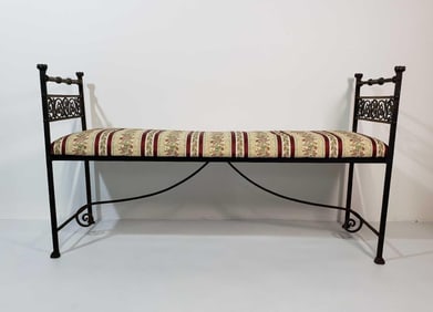 OSCAR BACH WROUGHT IRON AND BRONZE UPHOLSTERED BENCH