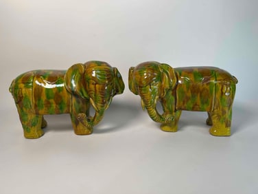 PAIR OF ANTIQUE ASIAN SANCAI GLAZE PORCELAIN ELEPHANTS