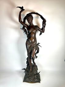 ADRIEN GAUDEZ SIGNED ART NOUVEAU BRONZE "RETOUR  DES HIRONDELLES" SCULPTURE