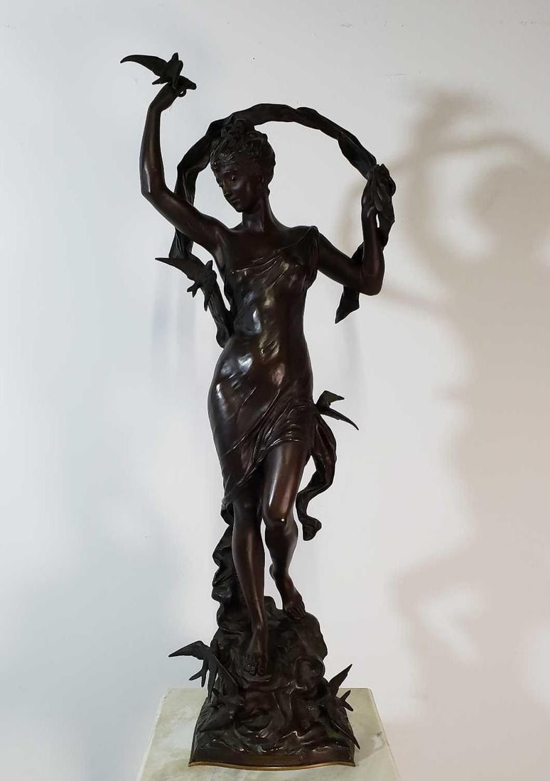 ADRIEN GAUDEZ SIGNED ART NOUVEAU BRONZE "RETOUR  DES HIRONDELLES" SCULPTURE (1 of 17)