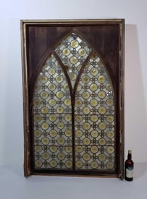 LARGE ANTIQUE RONDEL LEADED GLASS ARCHED CHURCH WINDOW