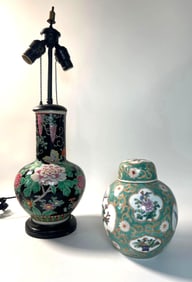 VALUE LOT: TWO VINTAGE ASIAN PORCELAIN PIECES INCLUDING FAMILE ROSE PATTERN LAMP