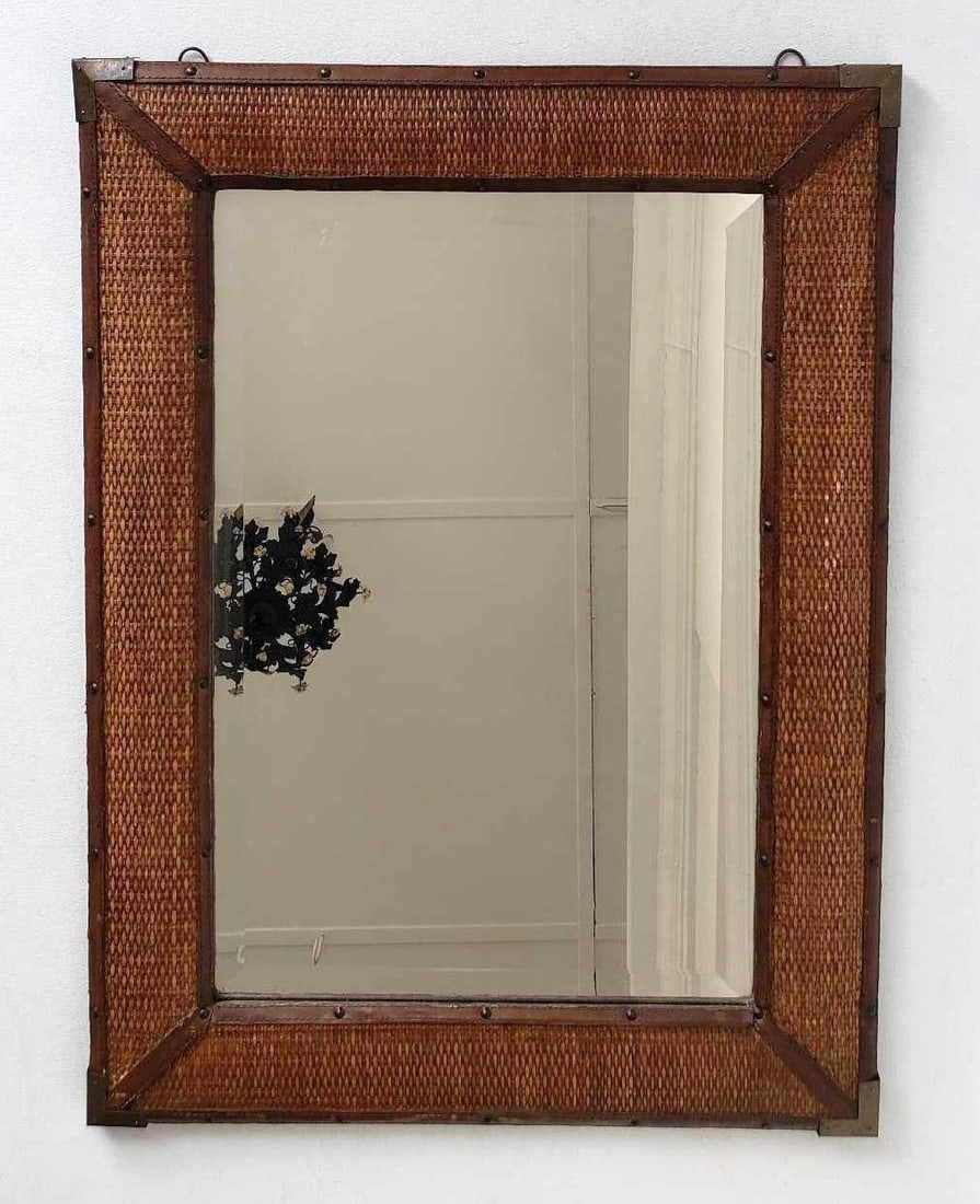 WOVEN BEVELED  MIRROR WITH BRASS AND LEATHER DETAIL (1 of 9)