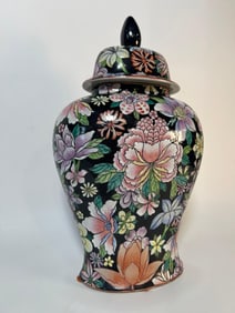 VINTAGE FLORAL FAMILLE NOIR STYLE PORCELAIN GINGER JAR