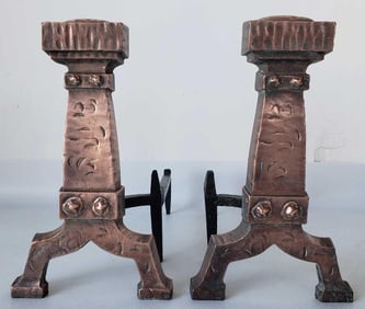 PAIR OF VINTAGE ART DECO CAST IRON COPPER FINISH ANDIRONS