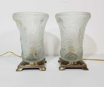 PAIR OF ART DECO FROSTED SATIN GLASS TABLE LAMPS MADE FROM INWALD BAROLAC VASES