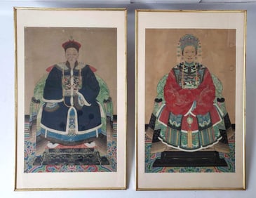 PAIR OF LARGE ANTIQUE WATER COLOR AND INK STONE ANCESTRAL PORTRAITS